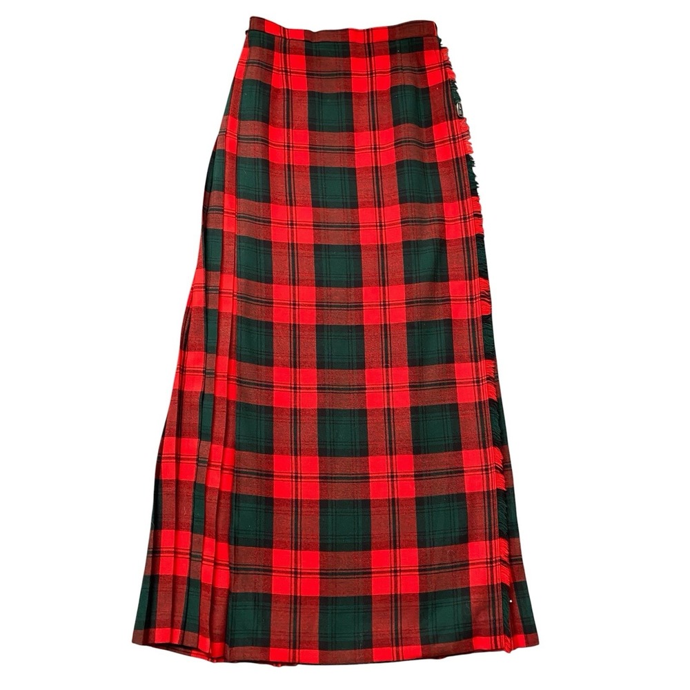 Vintage Maxi Red Green Tartan Skirt Sz S Pleated Buckle Wrap Kilt Made Scotland